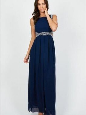 Sleeveless Navy Maxi Dress with Beaded Waist - Women